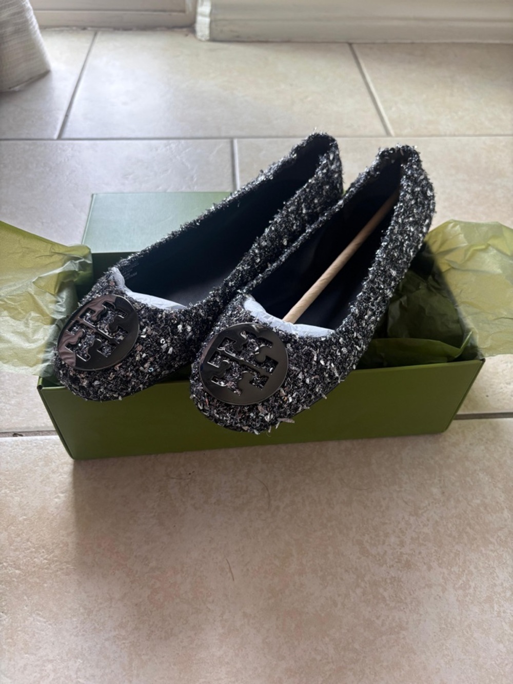 Tory Burch Black Tweed Logo Ballet Flats